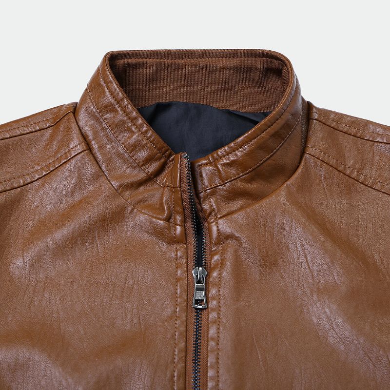 Męska Pu Vintage Stand Collar Zipper Gruba Kurtka Na Co Dzień