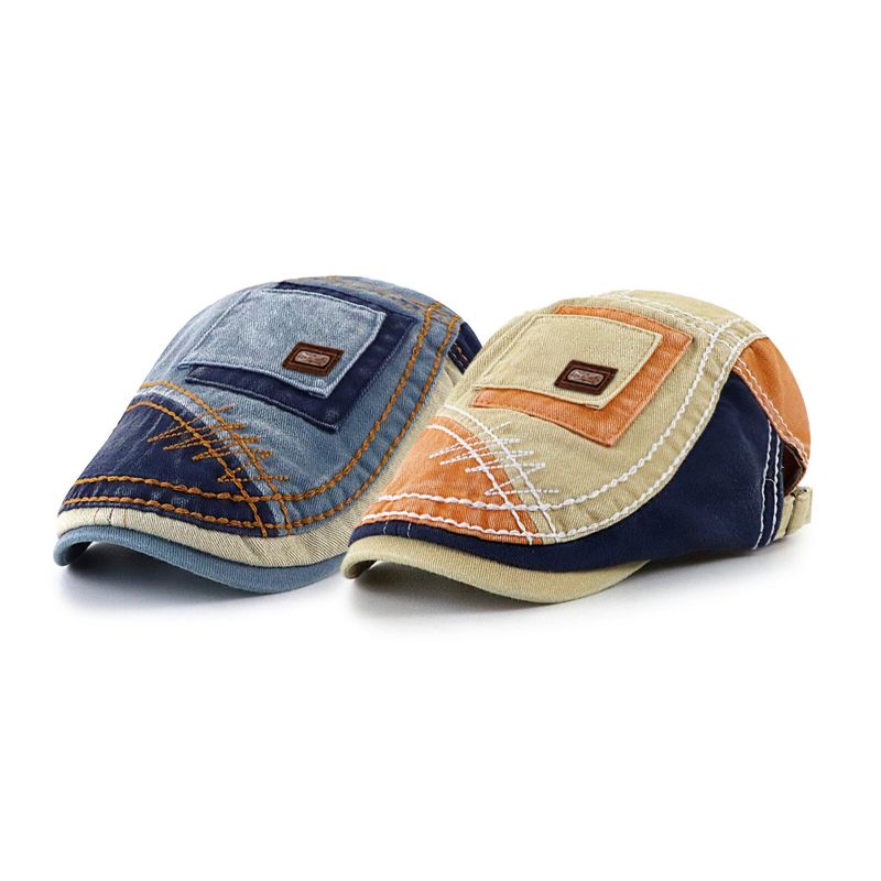 Collrown Mężczyźni Bawełna Colorblock Patchwork Oddychająca Osłona Przeciwsłoneczna Z Krótkim Rondem Casual Vintage CZapki Do Przodu Beret Płaskie CZapki