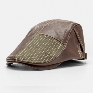 Collrown Męskie Pu Leather Stitch Stripes Beret Cap Retro Regulowana Wysokiej Jakości CZapka Gazeciarza Płaska CZapka