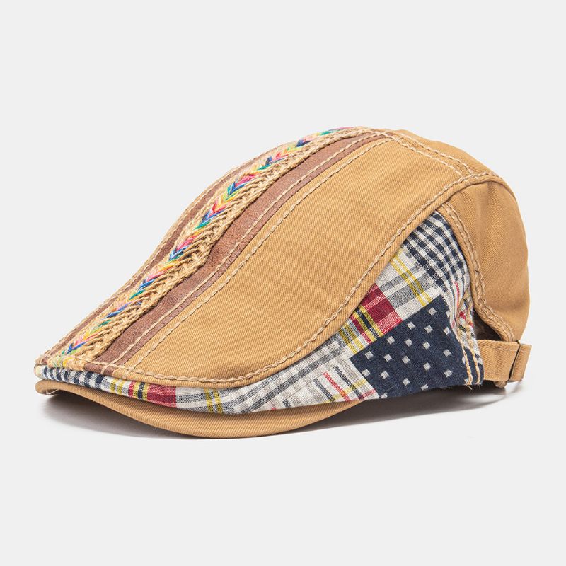 Collrown Unisex Bawełniana Patchworkowa Tęczowa Tkana Słomiana Lina Dekoracja Na Co Dzień Na Wszystkie Mecze Beret Płaska CZapka Bluszcz
