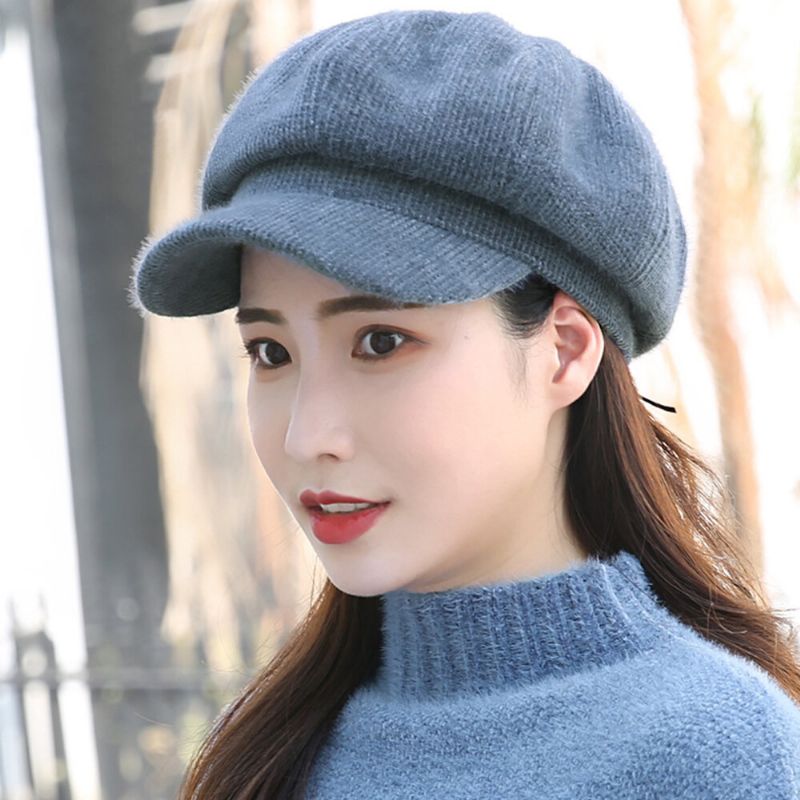 Damskie Wool Casual Universal Keep Warm Curved Brim Ośmioboczna CZapka Beret CZapka Z Dzianiny