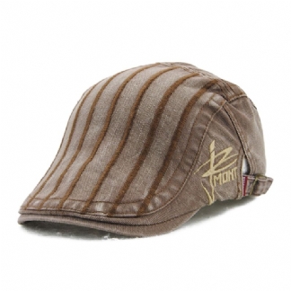 Męska Haftowana CZapka W Paski Outdoor Casual Beret Sun Kapelusz Płaskie Cap
