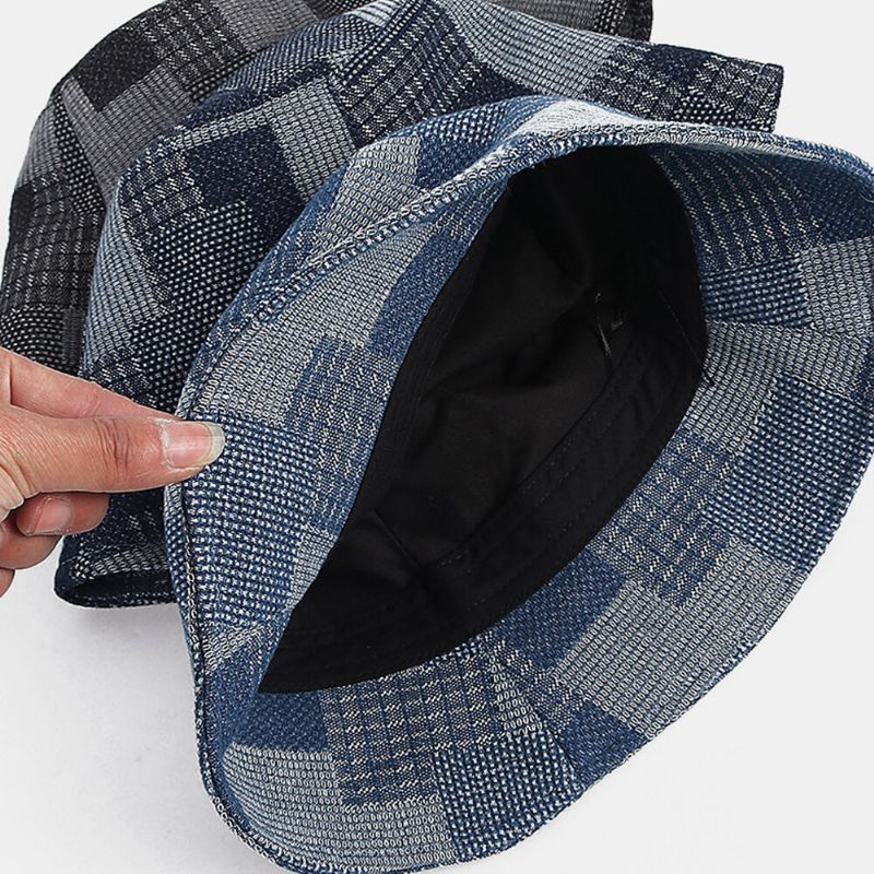 Unisex Bawełna Plaid Colorblock Denim W Trudnej Sytuacji Vintage Casual Osłona Przeciwsłoneczna Składane Płaskie Kapelusze Kapelusze Wiadro