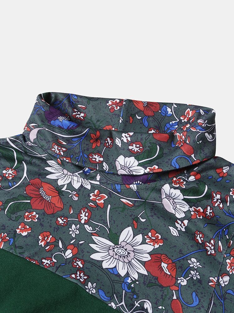 Damskie Bluzy Z Długim Rękawem W Stylu Vintage Z Kwiatowym Nadrukiem Patchworkowym Z Golfem