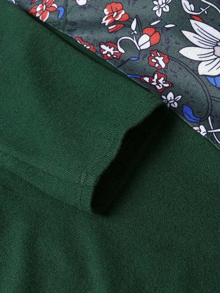 Damskie Bluzy Z Długim Rękawem W Stylu Vintage Z Kwiatowym Nadrukiem Patchworkowym Z Golfem