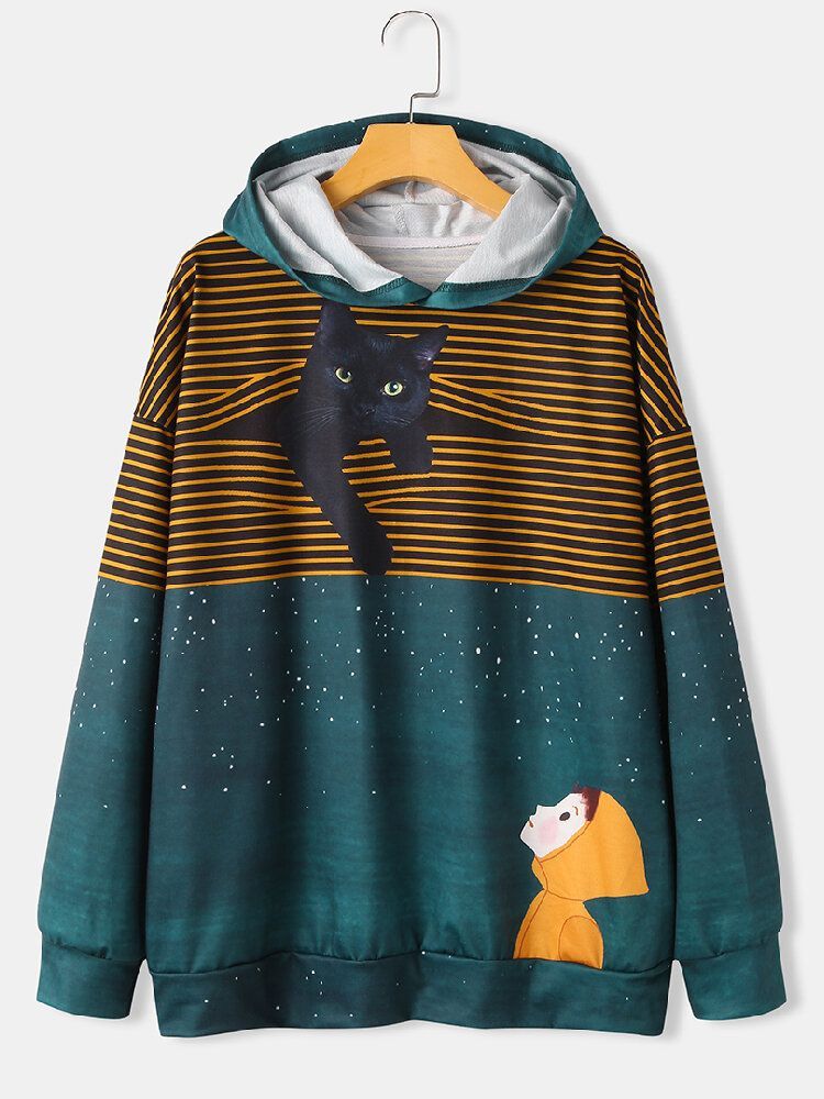 Kobiety Cute Cat Girl Print Stripe Z Długim Rękawem Bluzy Z Kapturem
