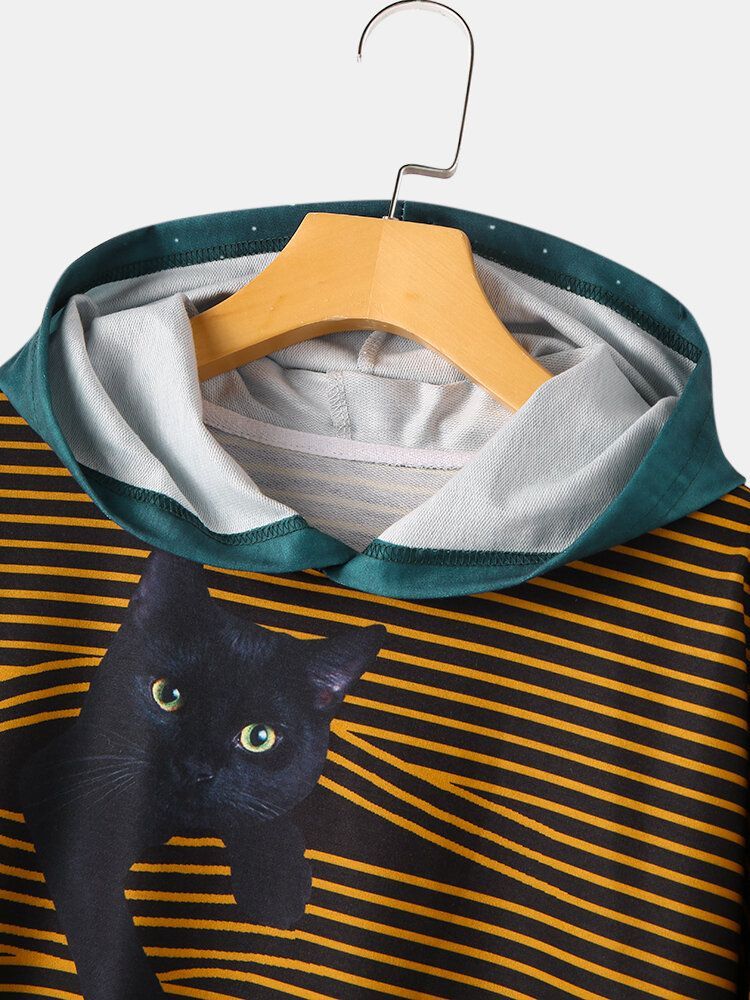 Kobiety Cute Cat Girl Print Stripe Z Długim Rękawem Bluzy Z Kapturem