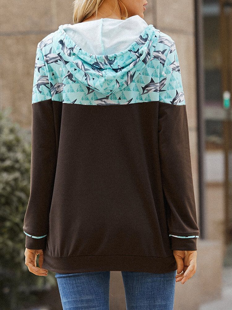 Kobiety Shark Print Patchwork Z Długim Rękawem Casual Bluzy Ze Sznurkiem