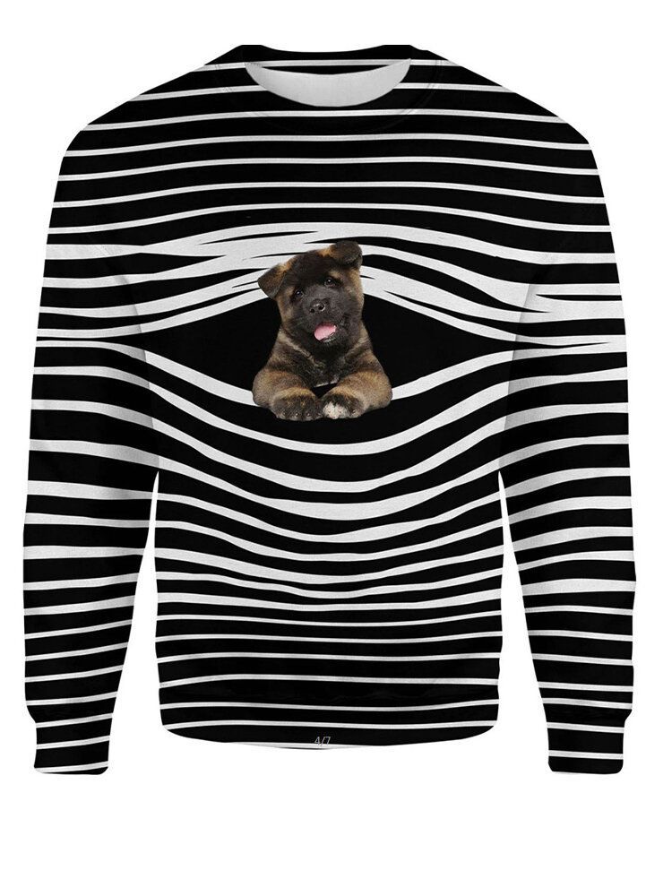 Kobiety Stripe 3d Dog Print Pullover O-neck Z Długim Rękawem Casual Bluzy