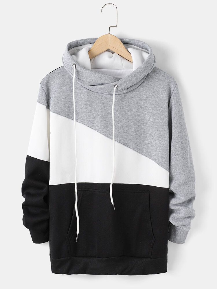 Męska Bluza Z Kapturem Colorblock Patchwork Ze Sznurkiem Na Co Dzień
