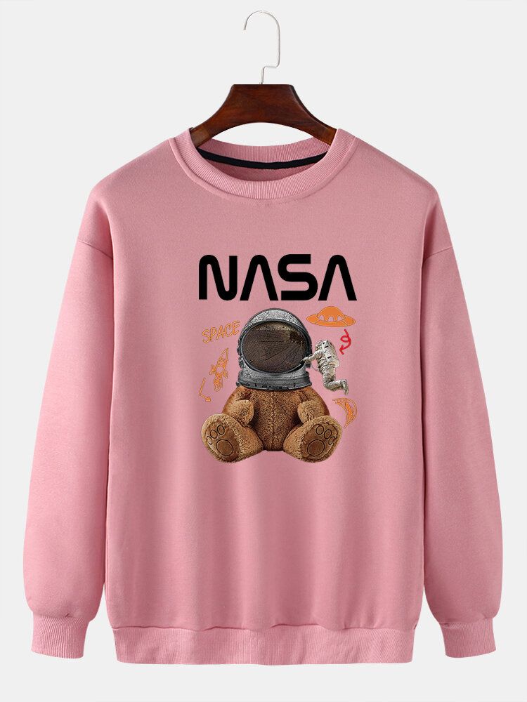 Męska Funny Doll Bear Astronaut Print Pullover Drop Shoulder Bluzy