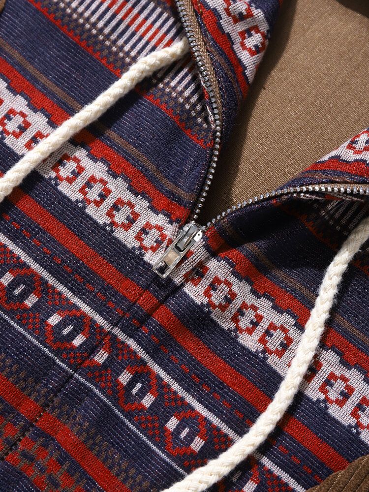 Męska Sztruksowa Łączenie Ścieżek Kieszeń Kangura Połowa Zapinana Na Zamek Bluza Z Kapturem W Stylu Etnicznym