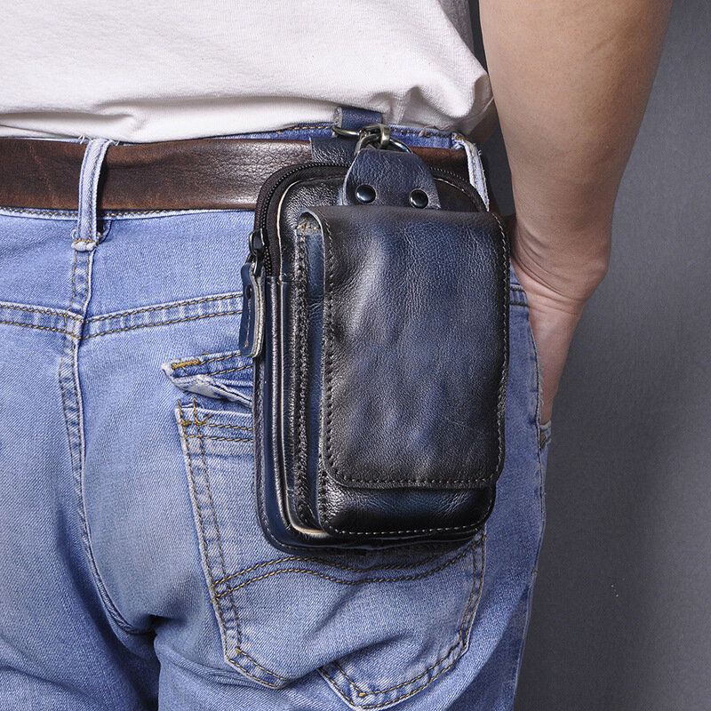 Męska Retro Dwuwarstwowa Torba Na Telefon 6.3 Cala Na Talię Torba Matowa Miękka Pierwsza Warstwa Skóry Bydlęcej Na Pasek