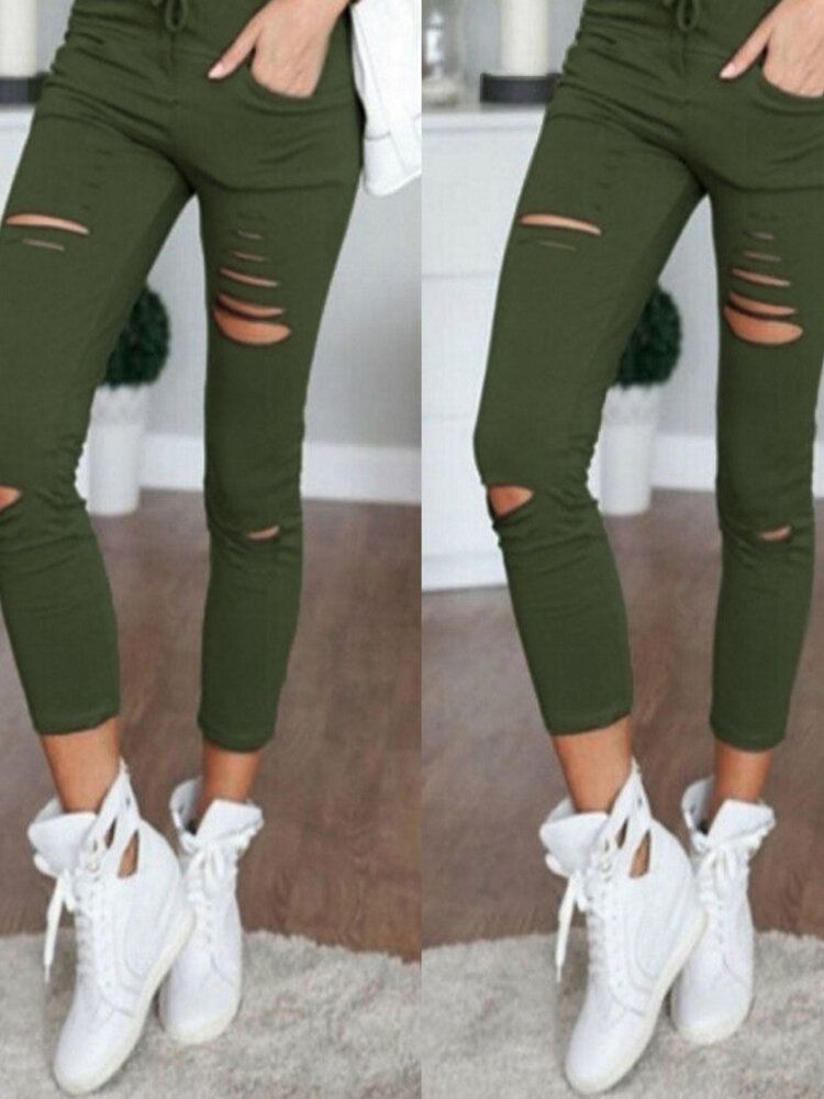 Kobiety Przyczynowe Otwory Wysoka Talia Luźne Solidne Skinny Dżinsy