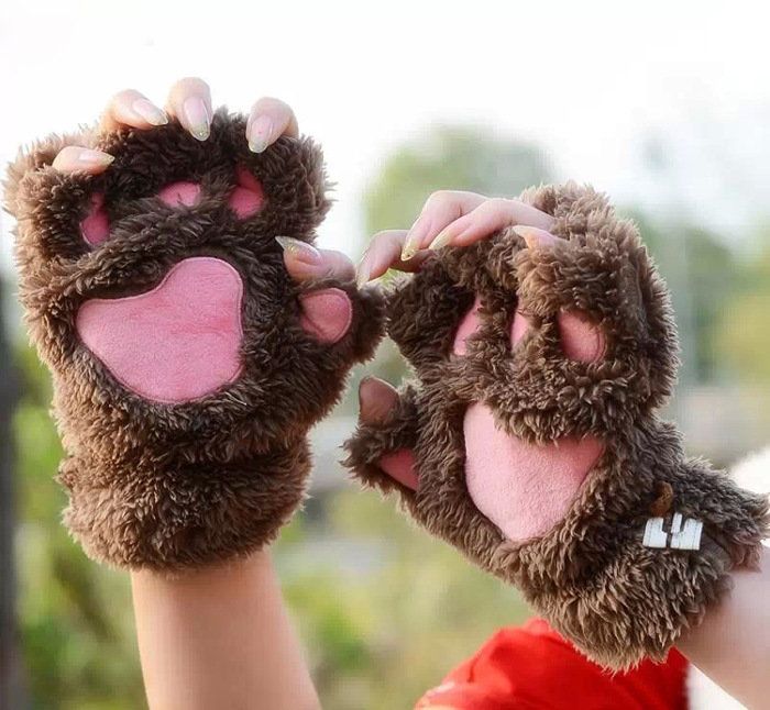 Kobiety Dziewczęta Puszysty Pluszowy Miś Kot Łapa Rękawiczki Bez Palców Paw Glove Zimowe Ciepłe Rękawiczki