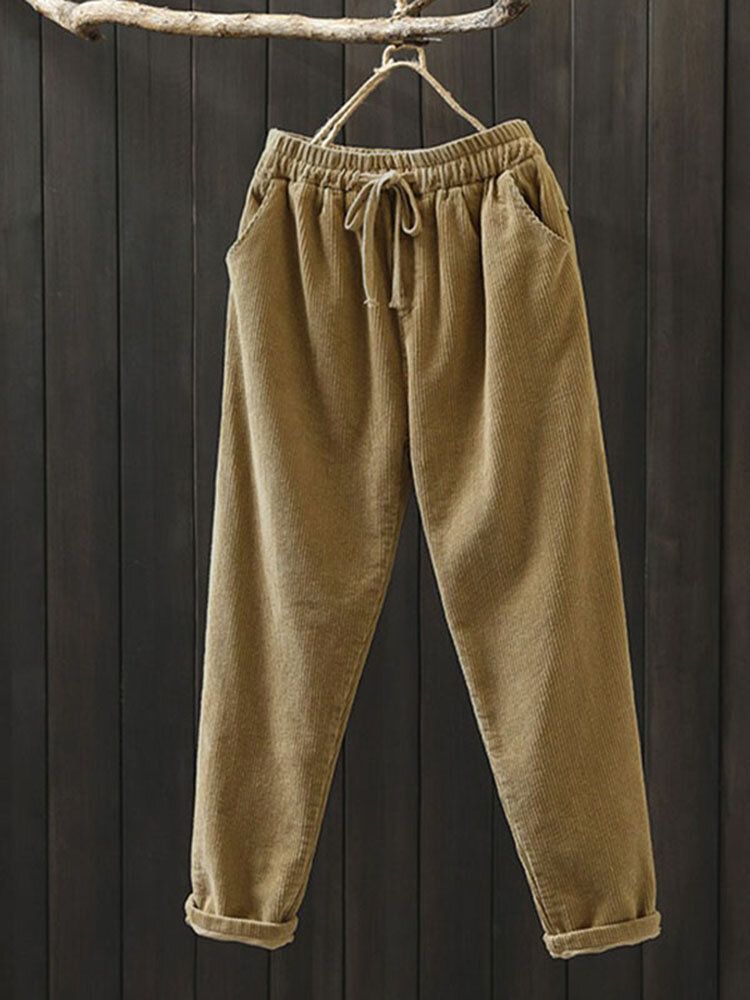 Damskie Sztruksowe Solidne Proste Spodnie W Stylu Vintage Ze Sznurkiem W Pasie