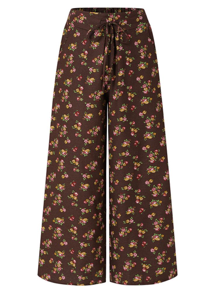 Kobiety Floral Print Wysoka Elastyczna Talia Vintage Szerokie Spodnie Z Kieszenią