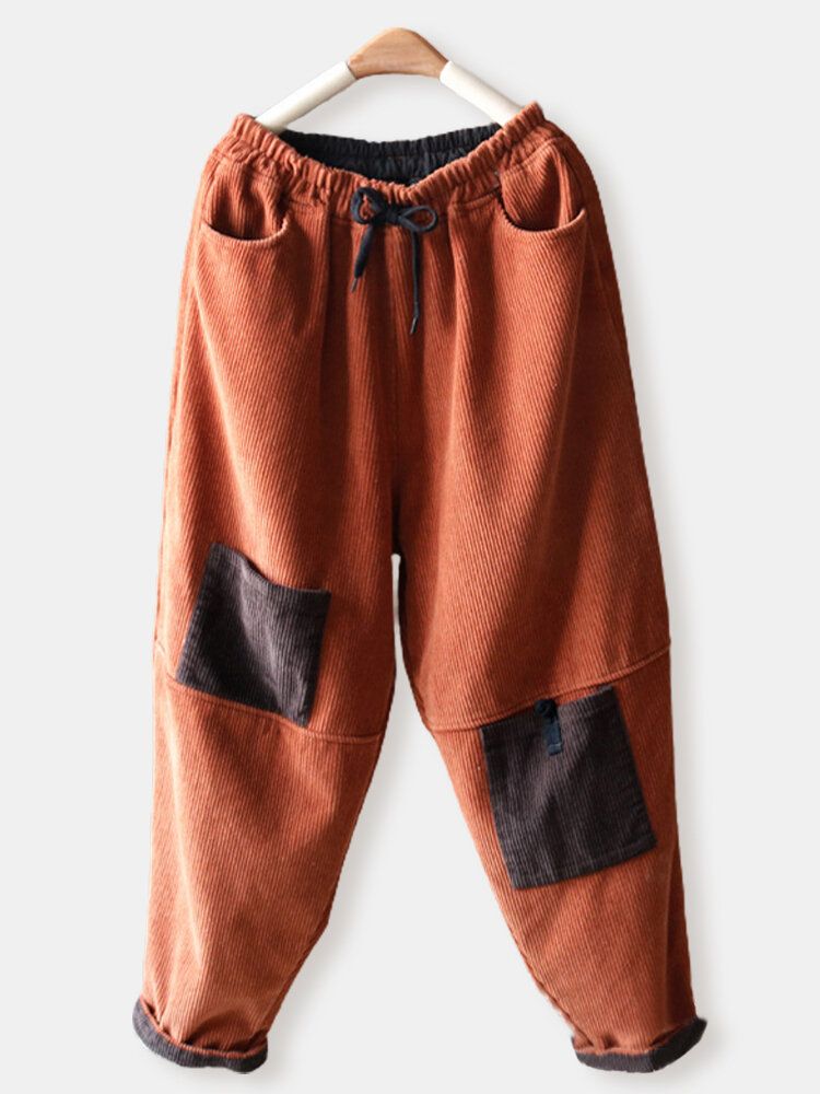 Kobiety Kontrastowy Kolor Sztruksowa Łatka W Talii Casual Harem Pants