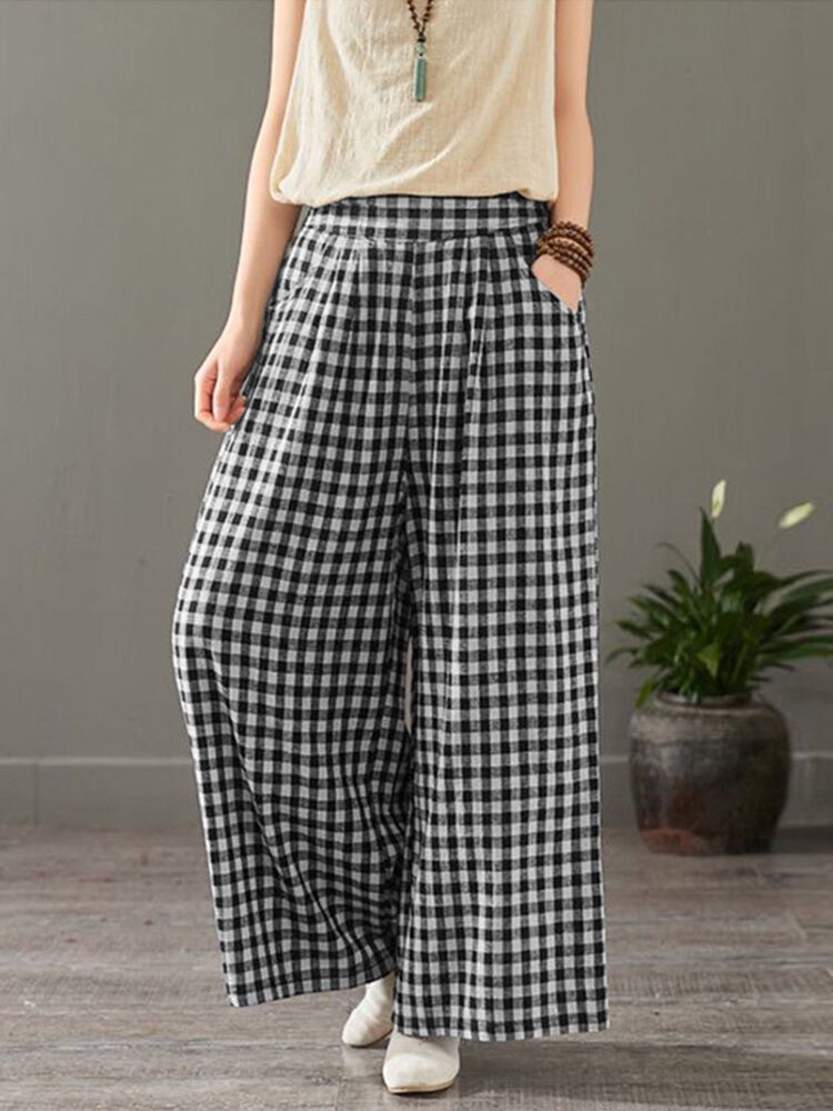 Kobiety Plaid Print Elastyczny Pas Vintage Casual Luźne Spodnie Z Szerokimi Nogawkami Z Kieszeniami