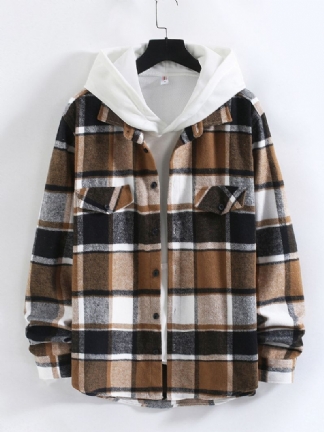 Mężczyźni Check Plaid Decor Pocket Button Up Casual Koszule Z Długim Rękawem