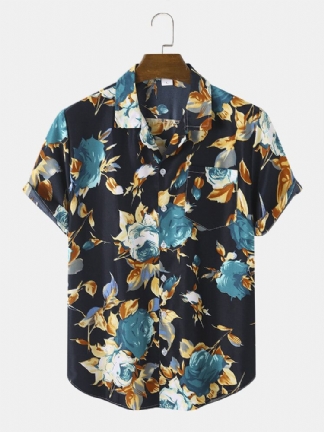 Mężczyźni Floral Art Print Pojedyncza Kieszeń Revere Collar Curved Hem Koszule Z Krótkim Rękawem