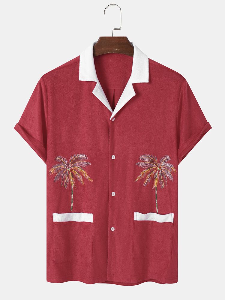 Męski Ręcznik Z Nadrukiem Drzewa Kokosowego Z Podwójnymi Kieszeniamirevere Collar Holiday Shirts