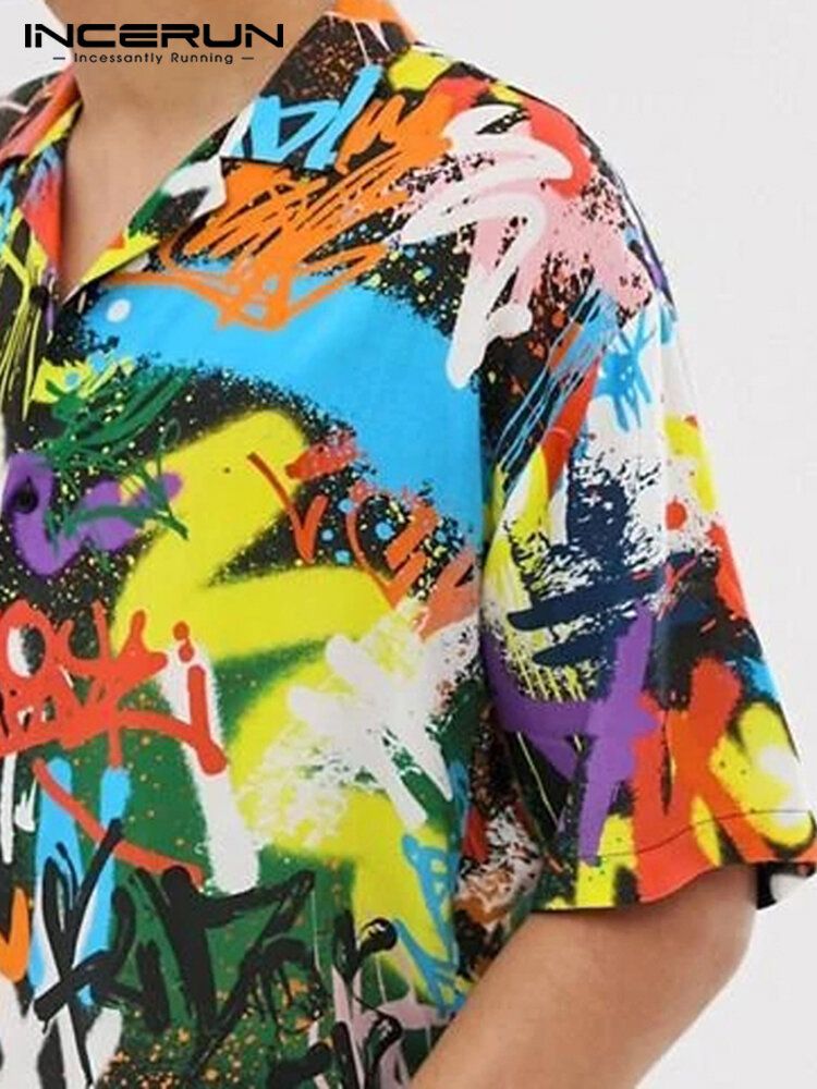 Męskie Kontrastowe Graffiti Colorblock Miękkie Oddychające Wdzięczne Koszule Rekreacyjne
