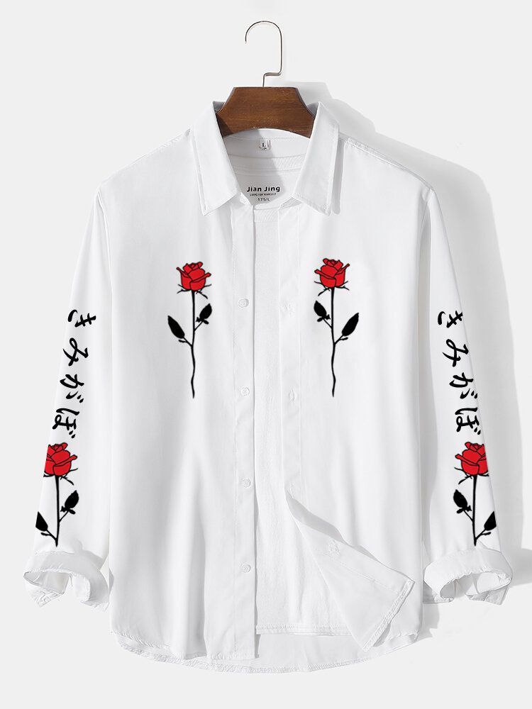 Męskie Różowe Drukowane Japońskie Litery Lapel Collar Buttons Koszule Z Długim Rękawem