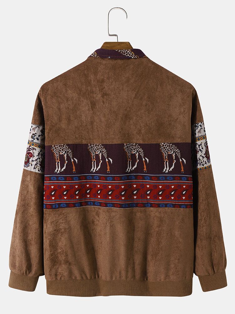 Mężczyźni Etniczne Zwierząt Paisley Druku Patchwork Zamek Faux Suede Kurtki