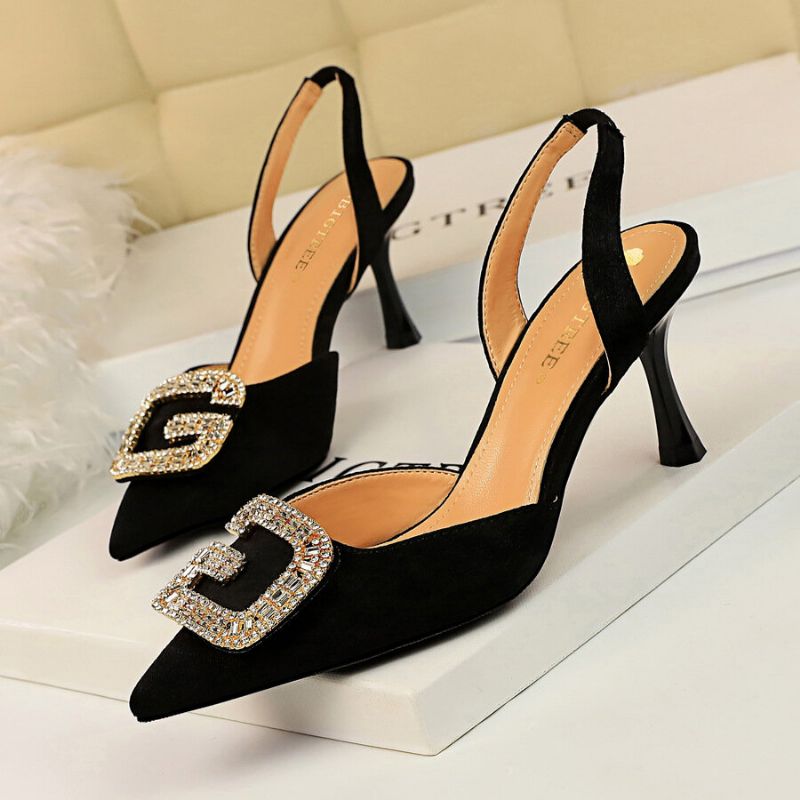 Kobiety Rhinestone Pointed Toe Slingback Buckle Modne CZółenka Na Wysokim Obcasie