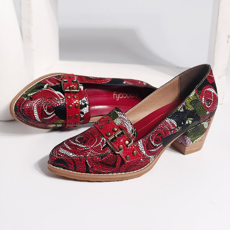 Prawdziwa Skóra Bloom Rose Pattern Wygodne Eleganckie CZółenka Na Co Dzień