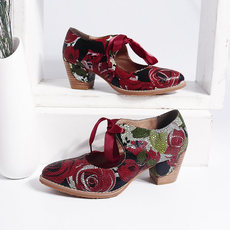 Super Wygodne Bloom Rose Szwy Lace Up Casual Dress Skórzane CZółenka Dla Kobiet