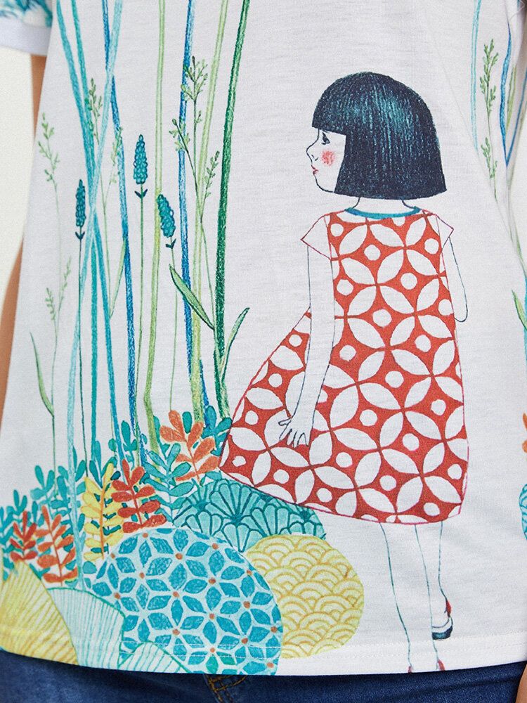 Cartoon Girl Print O-neck Z Krótkim Rękawem Casual T-shirt Dla Kobiet