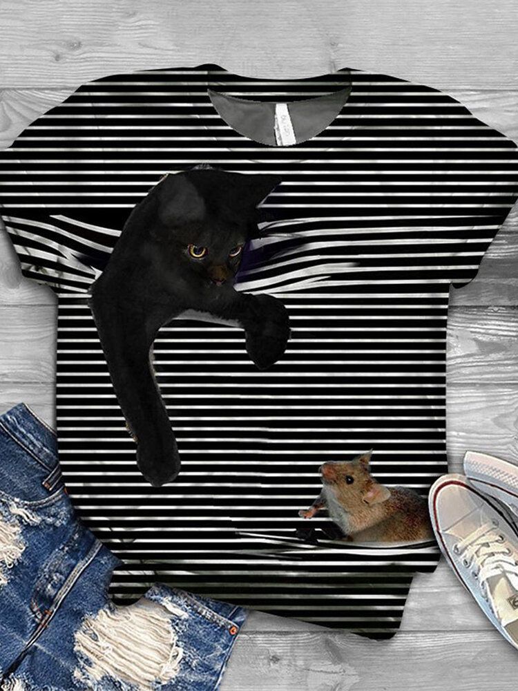 Kobiety 3d Cat Animal Pinstripe Print O-neck Casual T-shirty Z Krótkim Rękawem