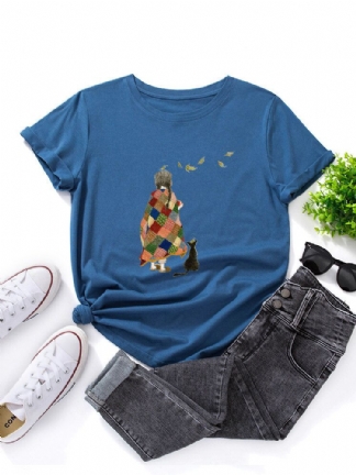 Kobiety Cartoon Girl Cat Print O-neck Z Krótkim Rękawem Casual T-shirty