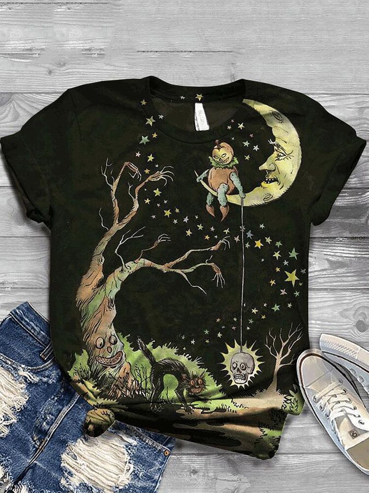 Kobiety Halloween Funny Pumpkin Print Casual T-shirty Z Krótkim Rękawem