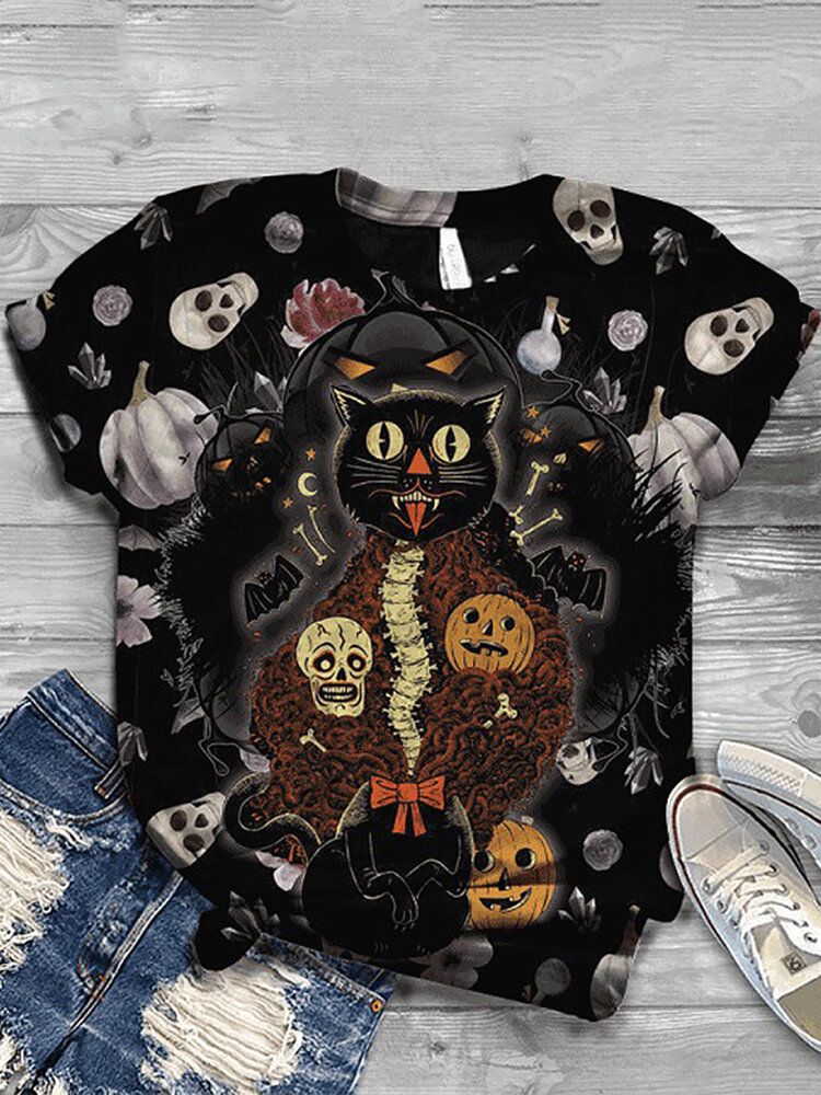 Kobiety Halloween Funny Pumpkin Print Casual T-shirty Z Krótkim Rękawem