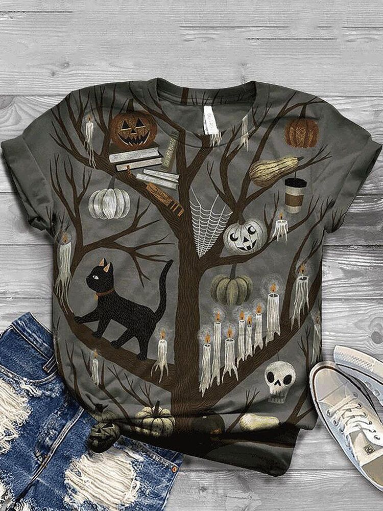 Kobiety Halloween Funny Pumpkin Print Casual T-shirty Z Krótkim Rękawem