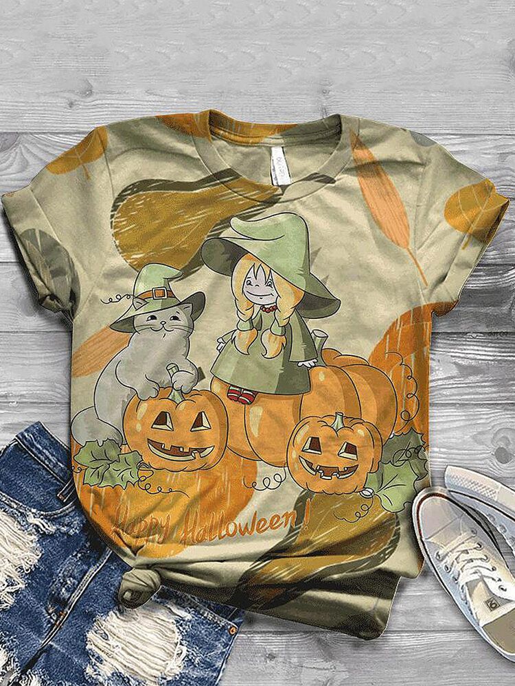 Kobiety Halloween Funny Pumpkin Print Casual T-shirty Z Krótkim Rękawem