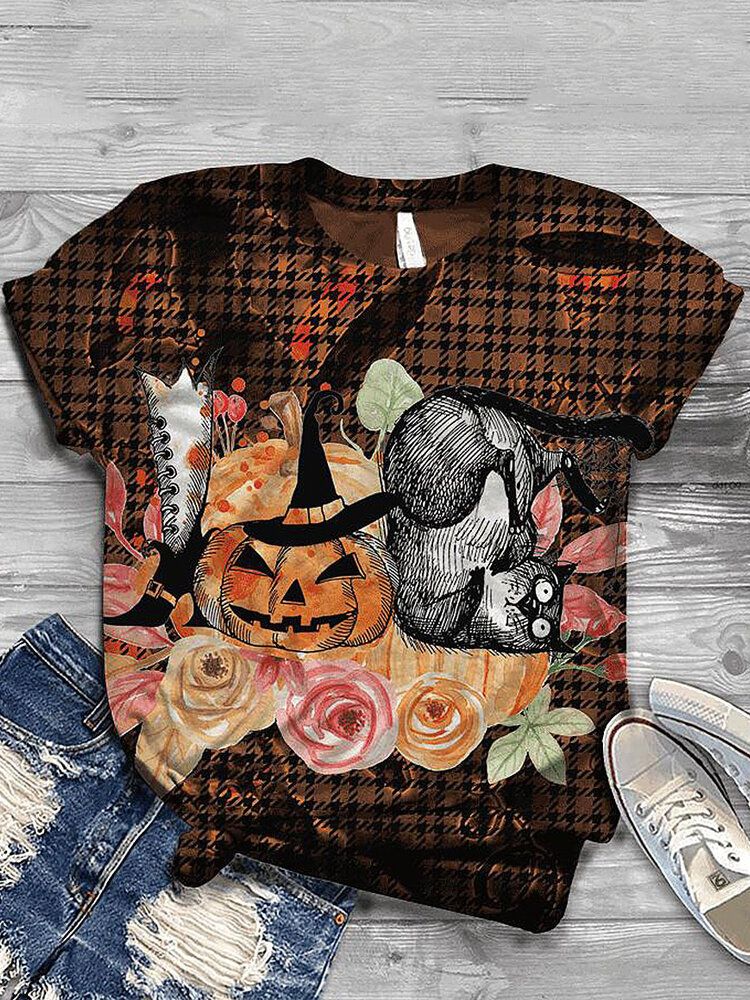 Kobiety Halloween Funny Pumpkin Print Casual T-shirty Z Krótkim Rękawem