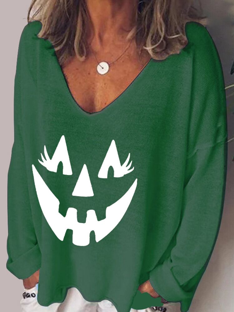 Kobiety Halloween Funny Pumpkin Print Dekolt W Serek Luźne Koszulki Z Długim Rękawem