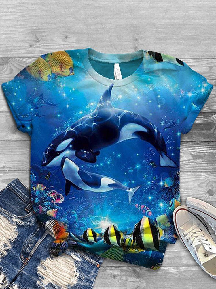 Kobiety Ocean Whale Print O-neck Casual T-shirty Z Krótkim Rękawem