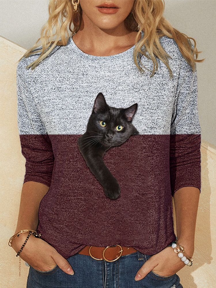 Kontrastowy Kolor Damski 3d Nadruk Kota Z Długim Rękawem O-neck Casual T-shirt