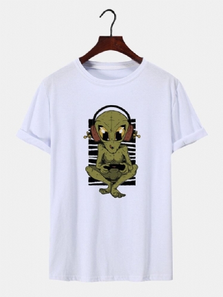 Mężczyźni Alien Pattern Crew Neck Hem Mankiet Krótki Rękaw Miękkie Casual T-shirty