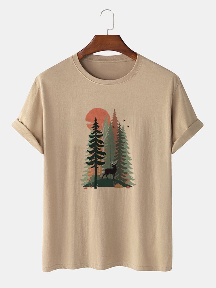 Męska Koszulka Z Krótkim Rękawem 100% Bawełna Forest Deer Painting Print Casual T-shirt