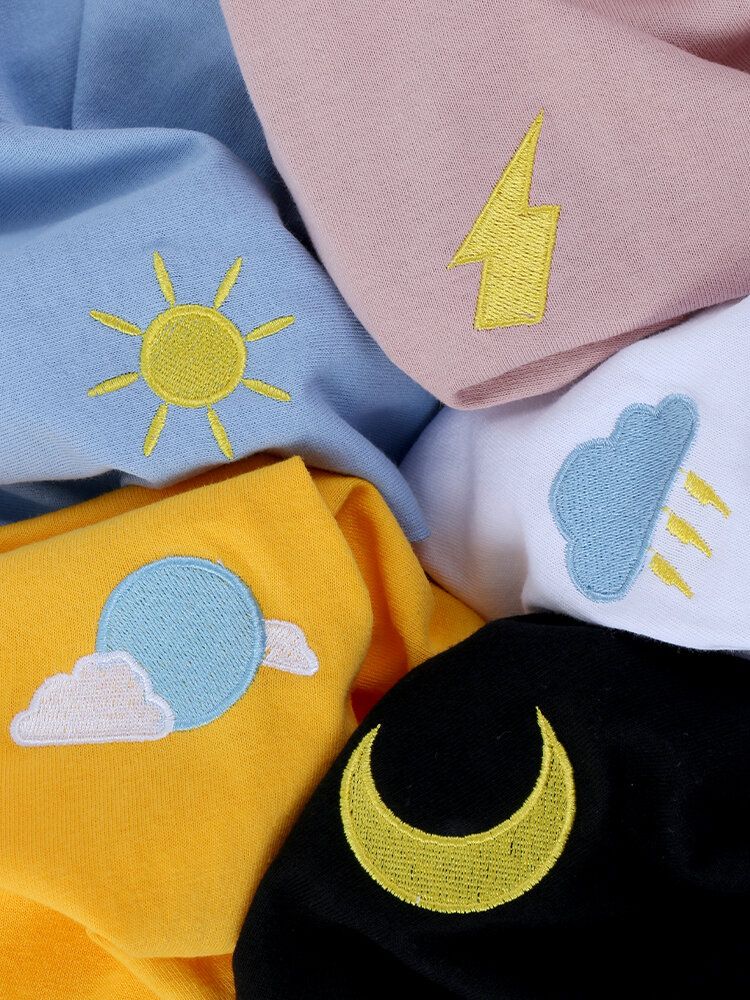 Męski Symbol Pogody Haftowany Okrągły Dekolt Casual T-shirty Z Krótkim Rękawem