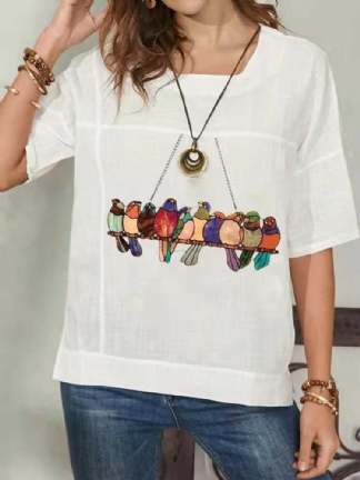 Ptaszki Print Pół Rękawa O-neck Vintage T-shirt Dla Kobiet