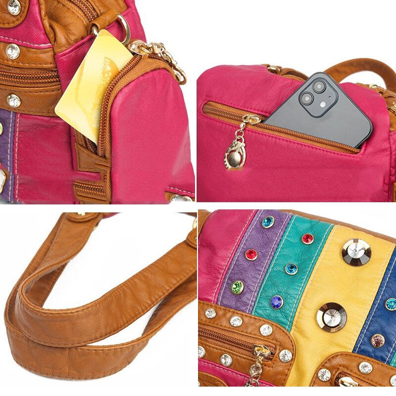 Kobiety Pu Skóra Rhinestone Patchwork Wodoodporna Torba Na Ramię W Stylu Vintage Torebka Na Ramię Torby Na Ramię