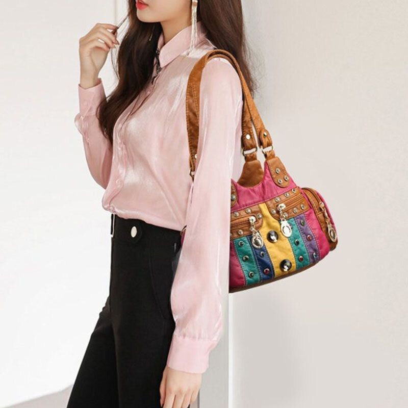 Kobiety Pu Skóra Rhinestone Patchwork Wodoodporna Torba Na Ramię W Stylu Vintage Torebka Na Ramię Torby Na Ramię