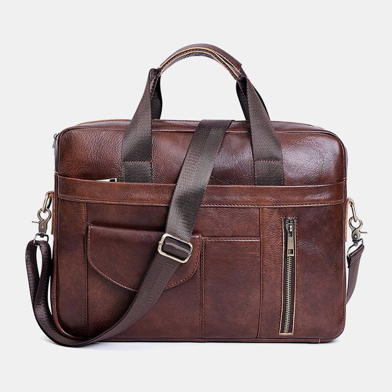 Mężczyźni Wielofunkcyjna Prawdziwa Skóra 15.6 Cal Torba Na Laptop Teczki Retro Multi-pocket Crossbody Torba Na Ramię Torba